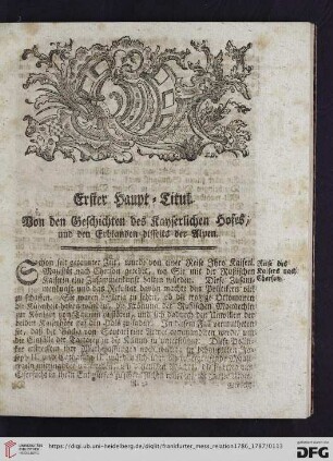 Erster Haupt-Titul: Von den Geschichten des Kayserlichen Hofes, und den Erblanden disseits der Alpen