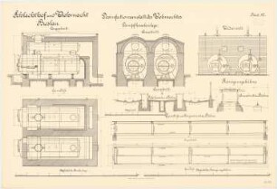 Schlachthof und Viehmarkt, Breslau Desinfektionsanstalt: Dampfkesselanlage: Grundriss Querschnitt Längsschnitt Vorderansicht 1:25. Reinigungsbühne: Grundriss Querschnitt Längsschnitt 1:20