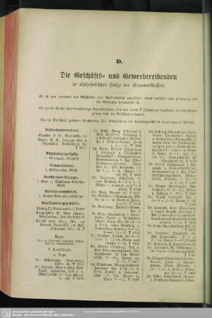D. Berufsklassen und Gewerbebetriebe : D. Die Geschäfts- und Gewerbetreibenden