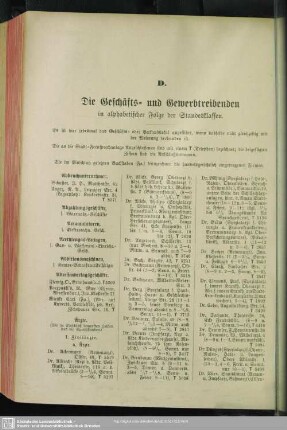 D. Berufsklassen und Gewerbebetriebe : D. Die Geschäfts- und Gewerbetreibenden