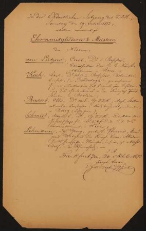 Liste "In der Ordentlichen Sitzung des F.D.H., Sonntag den 19. Oktober 1873, wurden ernannt zu Ehrenmitgliedern & Meistern..."