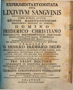Experimenta et cogitata circa lixivium sanguinis