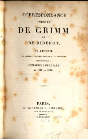 Correspondance inedite de Grimm et de Diderot : et recueil de lettres, poésies, morceaux et fragmens retranchés par la censure impériale en 1812 et 1813