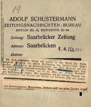 Ankündigung Saarbrücker Zeitung (14.02.1918).