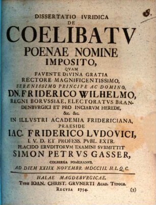 Dissertatio Ivridica De Coelibatv Poenae Nomine Imposito