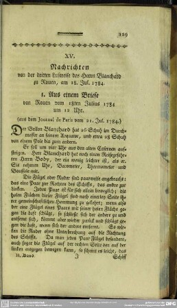 XV. Nachrichten von der dritten Luftreise des Herrn Blanchard zu Rouen, am 18. Jul. 1784.