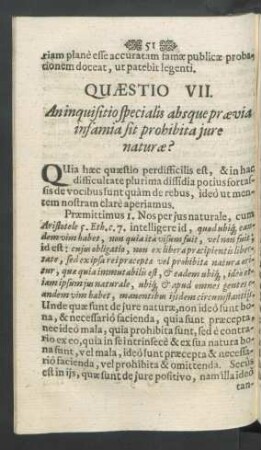 Quaestio VII. An inquisitio specialis absque praevia infamia sit prohibita iure naturae?