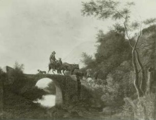 Baumlandschaft mit einer Herde auf Bogenbrücke