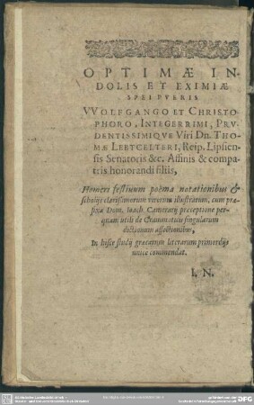 Optimae Indolis Et Eximiae Spei Pueris