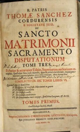 R. Patris Thomae Sanchez Cordubensis E Societate Jesu, De Sancto Matrimonii Sacramento Disputationum Tomi Tres