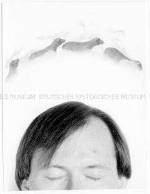 Mann mit geschlossenen Augen, über seinem Kopf vier Plastikschafe (Altersgruppe 18-21)