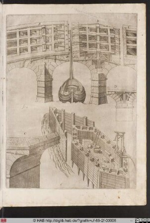 Der Entwurf einer Schleusenbrücke und Ansichten verschiedener Bestandteile der Konstruktion mit architektonischen Elementen toskanischer Ordnung.