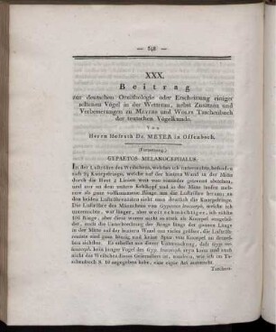 XXX. Beitrag zur deutschen Ornithologie oder Erscheinung einiger seltenen Vögel in der Wetterau, nebst Zusätzen und Verbesserungen zu Meyers und Wolfs Taschenbuch der teutschen Vögelkunde.