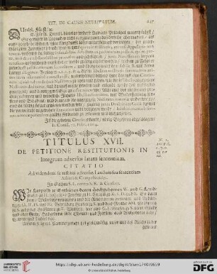 Titulus XVII. De Petitione restitutionis in Integrum adversus latam sententiam