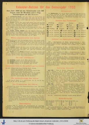 Kalender-Notizen für das Gemeinjahr 1933.