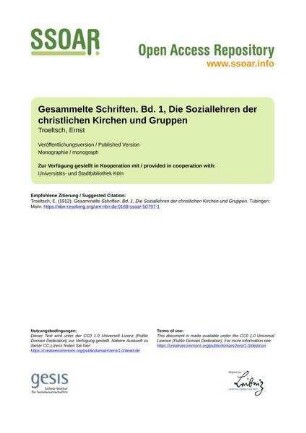 Gesammelte Schriften. Bd. 1, Die Soziallehren der christlichen Kirchen und Gruppen