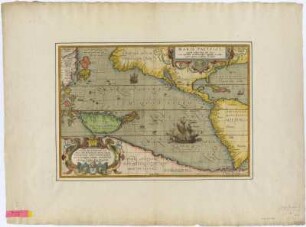 Seekarte vom Pazifischen Ozean mit Neuguinea und Teilen Amerikas, ca. 1:41 000 000, Kupferstich, 1589 : Maris Pacifici, (quod vulgò Mar del Zur) : cum regionibus circumiacentibus, insulisque in eodem passim sparsis, novissima descriptio ; [Gewidmet] NICOLAO ROCCOXIO ; Cum privilegÿs Imp. et Reg. Maiestatum, nec non Cancellariae Brabantiae, ad decennium / Abrahamus Ortelius dedicabat. - [Ca. 1:41 000 000]. - [Antwerpen] , 1589. - 1 Kt. : Kupferst. ; 49 x 34 cm