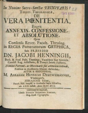 Theses Theologicae, De Vera Poenitentia, Eique Annexis, Confessione, Et Absolutione