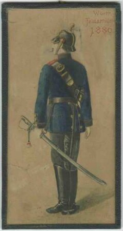 Soldat der Württ. Reitenden Artillerie 1886, in Uniform mit Pickelhaube, Rückenansicht