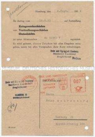 Registrierkarte zum Antrag auf Feststellung von Vertreibungsschäden - Personenkonvolut