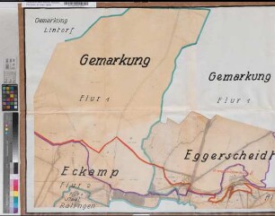 Gemarkung Eckamp Flur 1 und 2. Stadt Ratingen Flur 2. Gemarkung Eggerscheid Flur 1 u. 3. 13. - Zur Grenzbeschreibung 8. Gehört zum Eingemeindungsantrag der Stadt Ratingen vom 17.9.[19]25 bzw. 30.7.[19]29. -Übereinstimmung mit der Katasterkarte bescheinigt preuß. Katasteramt Ratingen. 1930 März 7