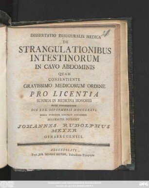 Dissertatio Inauguralis Medica De Strangulationibus Intestinorum In Cavo Abdominis