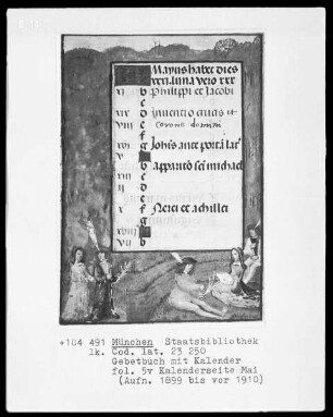Gebetbuch mit Kalender — Kalenderseite Mai mit einer Miniatur, Folio 5verso