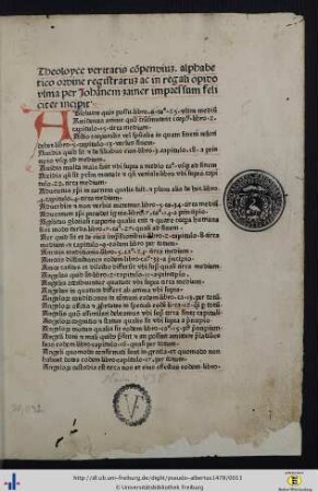 Theoloyce veritatis compendium alphabetico ordine registratum acin regali opido ulma per johannem zainer impressum feliciter incipit.