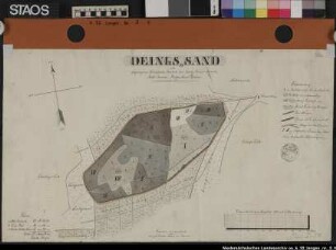 "Oeings-Sand, ein abgelegener Forstort des Forstreviers Freren" zwischen Langen und Lengerich: Bestände, Bodenbeschaffenheit, Bewallungen., um 1830/40. Ausf.-Art: Farbige Zeichnung Herst.: Müller Format: 37 x 64 cm Maßstab: 1 : 2000