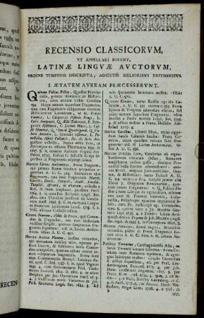 Recensio Classicorum, Ut Appelari Solent, Latinæ Linguæ Auctorum,[...]