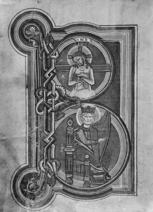 Psalterium mit Kalendarium — Initiale B (eatus vir) mit Schmerzensmann und David, Folio 7verso