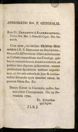 APPROBATIO Rmi. P. GENERALIS.