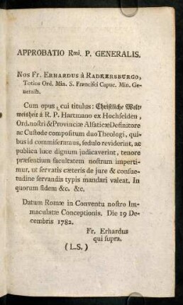APPROBATIO Rmi. P. GENERALIS.