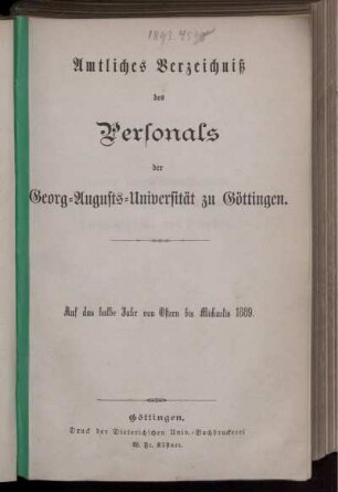 SS 1889: Amtliches Verzeichnis des Personals und der Studierenden der Königlichen Georg-Augusts-Universität zu Göttingen
