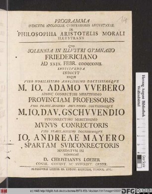 Programma Ivdicivm Apologiae Confessionis Avgvstanae De Philosophia Aristotelis Morali Illvstrans