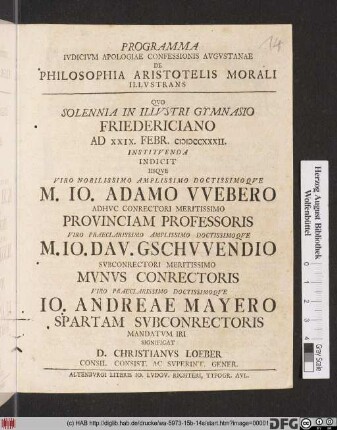 Programma Ivdicivm Apologiae Confessionis Avgvstanae De Philosophia Aristotelis Morali Illvstrans