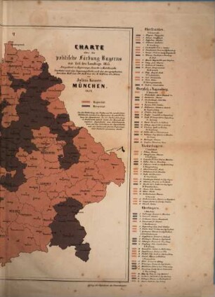 Charte über die politische Färbung Bayerns zur Zeit des Landtags 1855 : eingetheilt in Regierungs-Bezirke und Wahlbezirke
