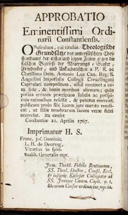 Approbatio eminentissimi ordinarii Constantiensis.