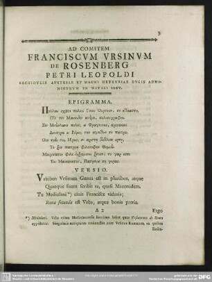 Ad Comitem Franciscum Ursinum de Rosenberg Petri Leopoldi Archiducis Austriae Et Magni Heturiae Ducis Administrum In Natali Iesu