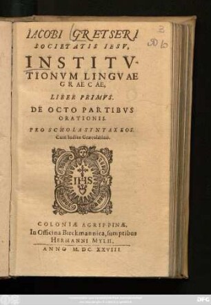 1: De Octo Partibus Orationis : Pro Schola Syntaxeos. Cum Indice Graecolatino