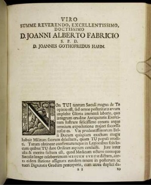Viro Summe Reverendo, Excellentissimo, Doctissimo D. Joanni Alberto Fabricio S. P. D. D. Joannes Gothofredus Hahn.