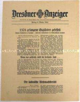 Nachrichtenblatt "Dresdner Anzeiger" mit Meldungen des Oberkommandos der Wehrmacht und des italienischen Oberkommandos u.a. zum Kriegsgeschehen im Kaukasus und zur Behandlung von Kriegsgefangenen