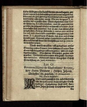 Litt. O. Reverendissimi & Illustrissimi Revers, dero Herrn Brudern/ Hertzog Johann Adolpffen/ etc. gegeben/ de promotione filii, Ducis Adolphi