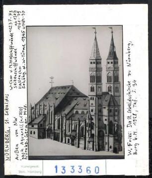 Nürnberg: St. Sebald, Außenansicht von Nordwesten, nach Aquarell um 1700