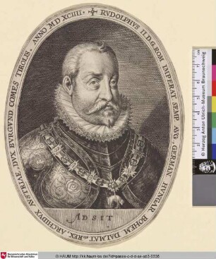 Rudolphus II. D.G. Rom Imperat. Semp. Aug., German. Hungar. Bohem. Dalmat. etc. Rex, Archidux Austriae, Dux Burgund. Comes Tirolis.
