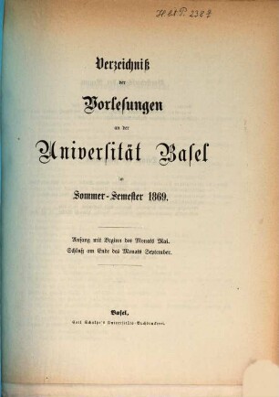 Verzeichnis der Vorlesungen. 1869, 1869. SS.