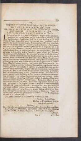 VI. Responsio Inclutae Academiae Rostochiensis