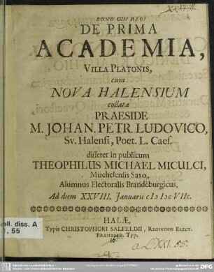 De prima academia, Villa Platonis, cum nova Halensium collata
