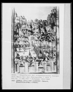 Schiffbruch der eidgenössischen Zuzüger nach Nancy bei der Rheinbrücke in Basel, aus Diebold Schillings Luzerner Chronik