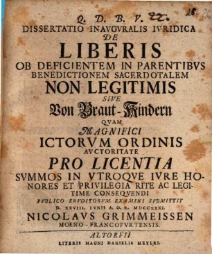 Dissertatio Inavgvralis Ivridica De Liberis Ob Deficientem In Parentibvs Benedictionem Sacerdotalem Non Legitimis Sive Von Braut-Kindern